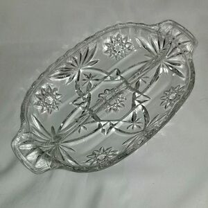 Elegant Vintage Clear Pressed Glass Divided Relish Dish / Tray With Handles